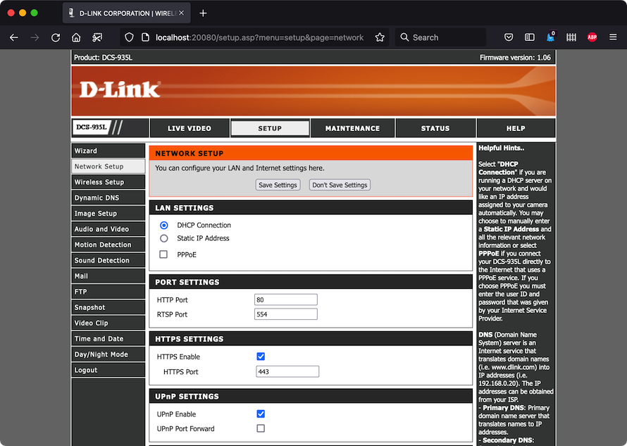 Emulated D-Link DCS-935L Web Interface